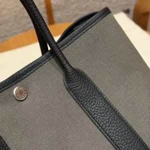 Hermes Garden Party 30 Bag Handmade In Negonda Calfskin Leather And Canvas Silver Hardware C6 Vert Girs 89 Noir - Image 5