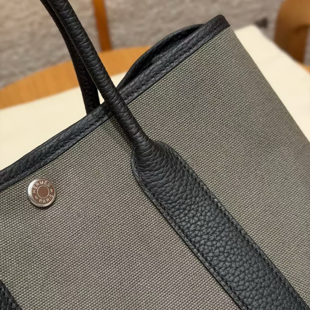 Hermes Garden Party 30 Bag Handmade In Negonda Calfskin Leather And Canvas Silver Hardware C6 Vert Girs 89 Noir - Image 5