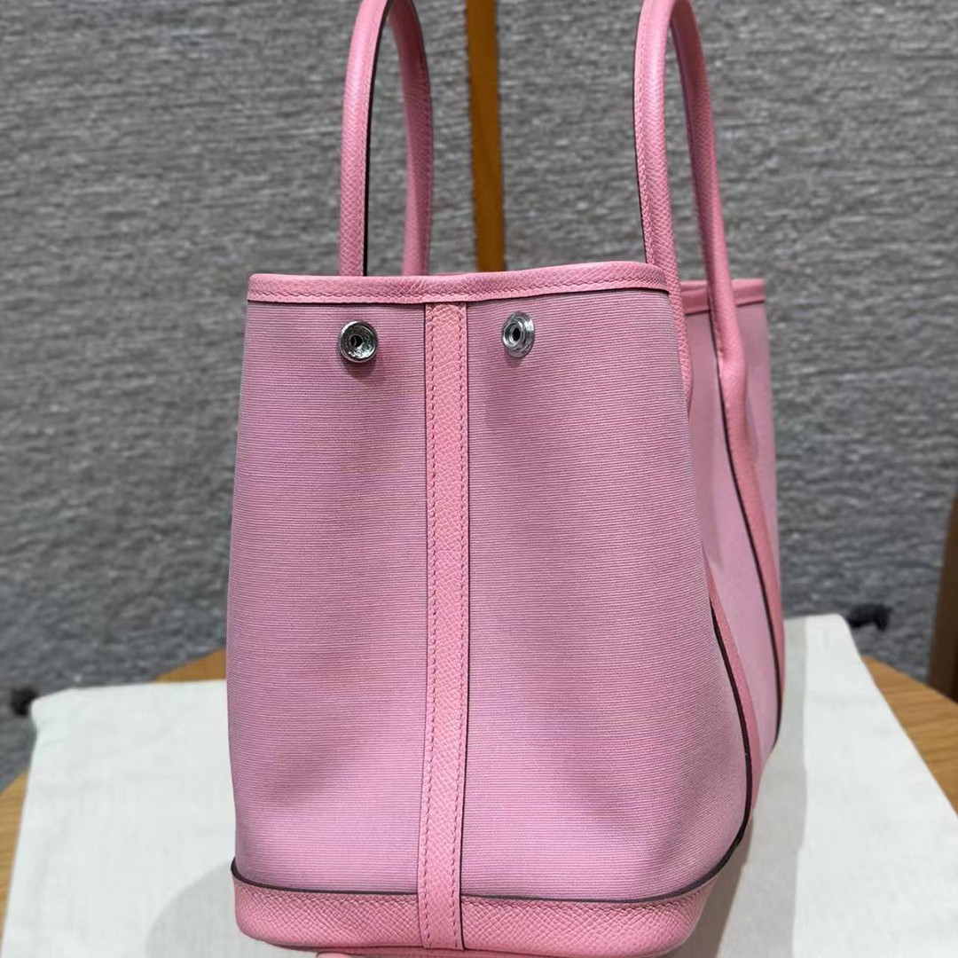 Hermes Garden Party 30 Bag Handmade In Negonda Calfskin Leather And Canvas Silver Hardware L4 Bubble Gum 1Q Rose Confetti B5 Ruby - Image 8