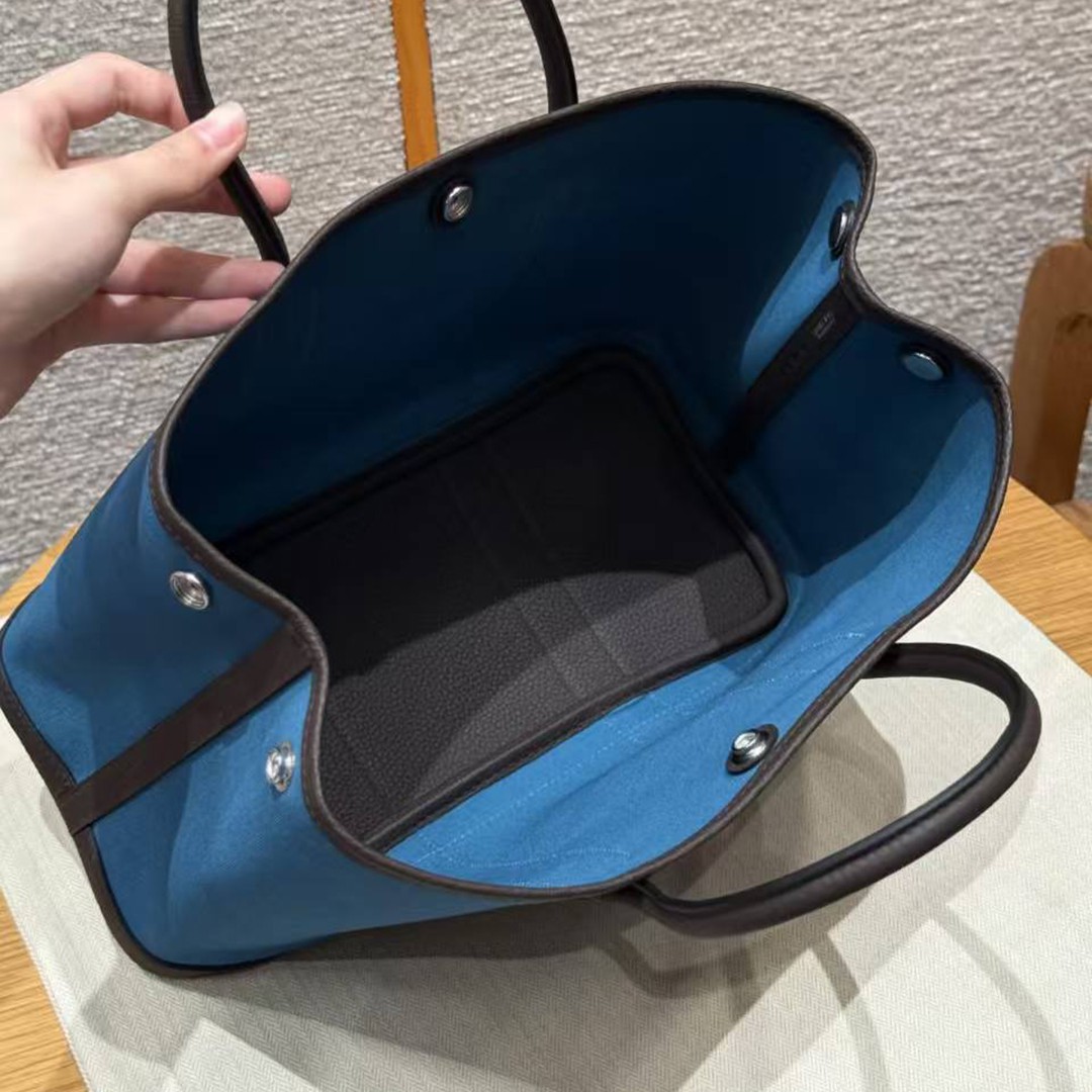Hermes Garden Party 30 Bag Handmade In Negonda Calfskin Leather And Canvas Silver Hardware N7 Blue Tempete 46 Ebene - Image 12