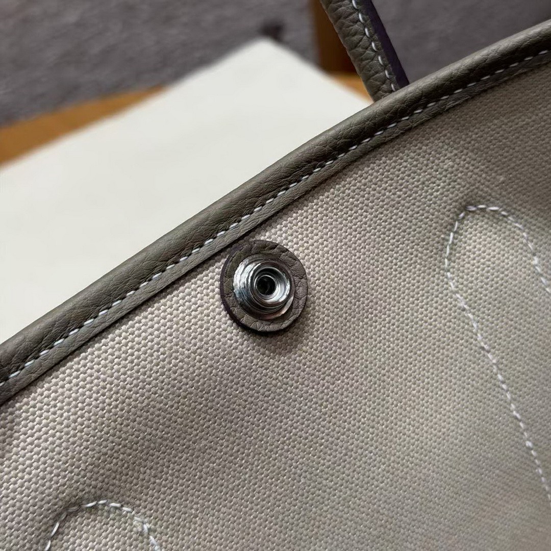 Hermes Garden Party 30 Bag Handmade In Negonda Calfskin Leather And Canvas Silver Hardware 8L Beton 18 Etoupe - Image 8