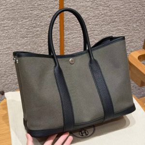 Hermes Garden Party 30 Bag Handmade In Negonda Calfskin Leather And Canvas Silver Hardware C6 Vert Girs 89 Noir - Image 8
