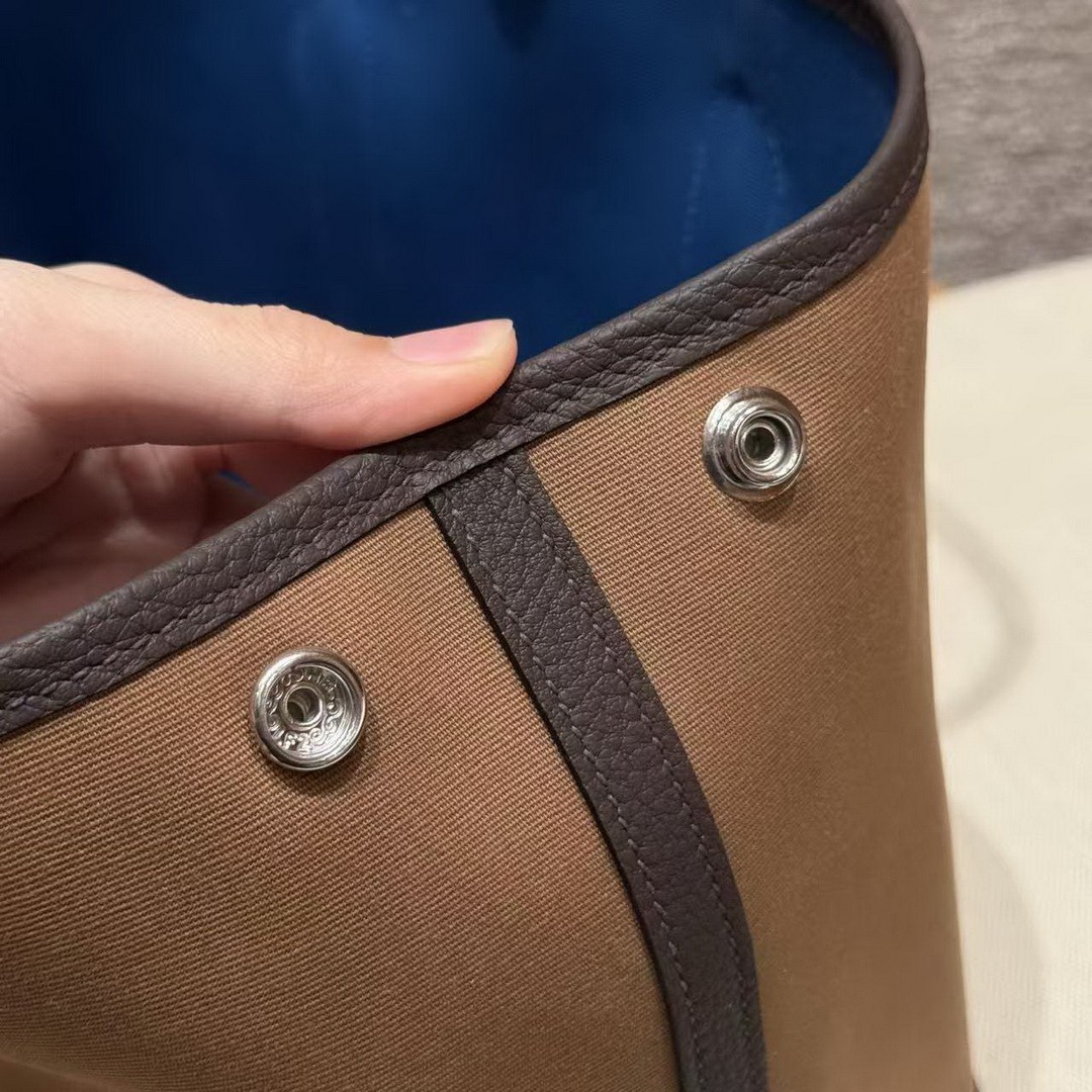 Hermes Garden Party 30 Bag Handmade In Negonda Calfskin Leather And Canvas Silver Hardware 3G Alezan 46 Ebene T7 Blue Hydra - Image 12