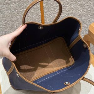 Hermes Garden Party 30 Bag Handmade In Negonda Calfskin Leather And Canvas Silver Hardware Blue Brighton Gold - Image 12
