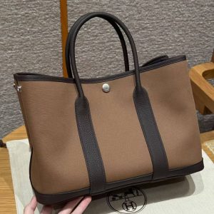 Hermes Garden Party 30 Bag Handmade In Negonda Calfskin Leather And Canvas Silver Hardware 3G Alezan 46 Ebene T7 Blue Hydra - Image 10