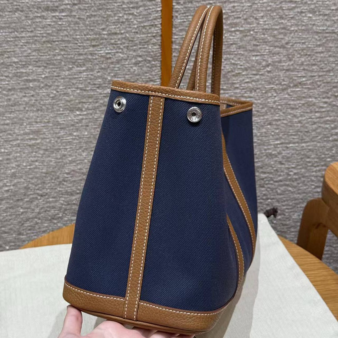 Hermes Garden Party 30 Bag Handmade In Negonda Calfskin Leather And Canvas Silver Hardware Blue Brighton Gold - Image 7