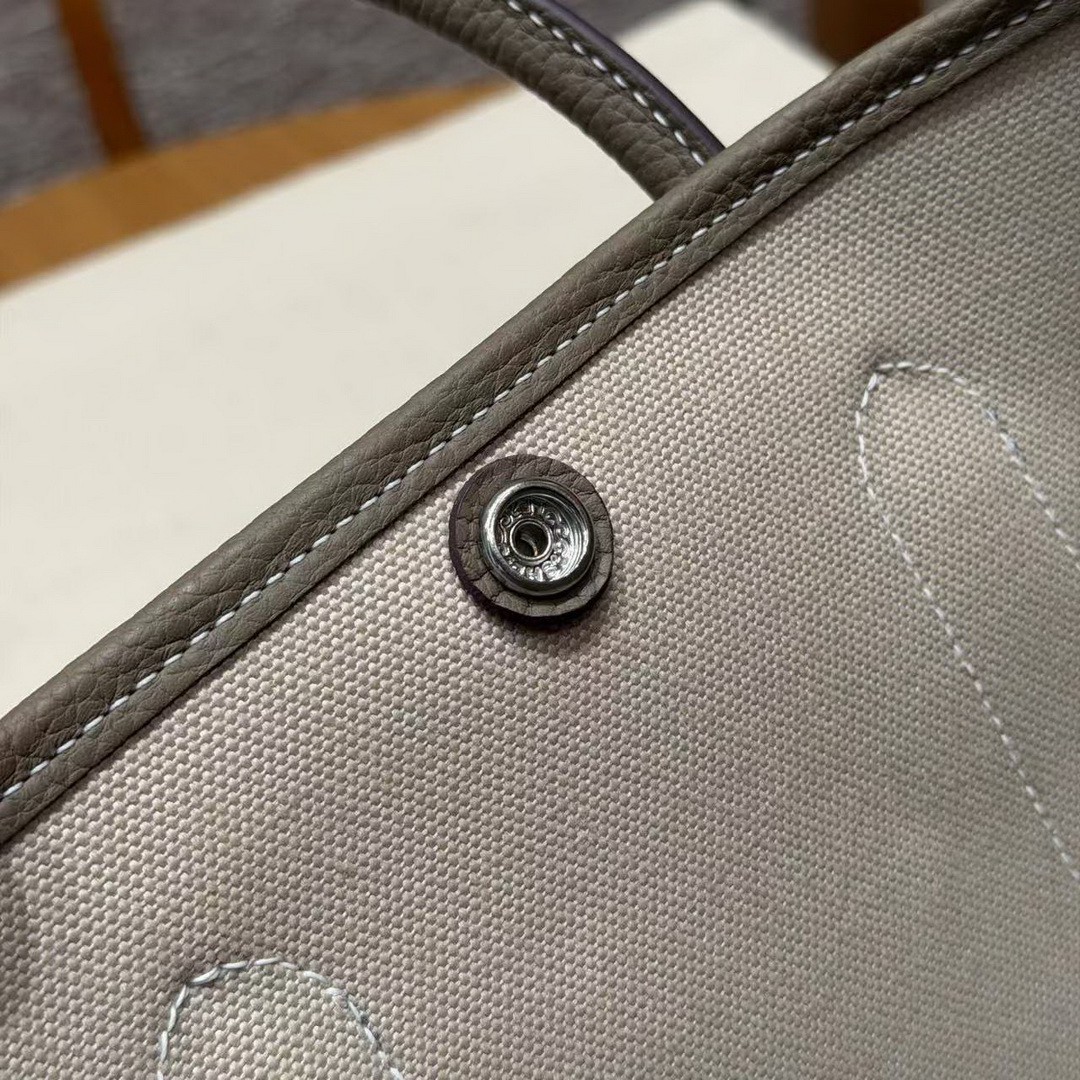 Hermes Garden Party 30 Bag Handmade In Negonda Calfskin Leather And Canvas Silver Hardware 8L Beton 18 Etoupe - Image 9