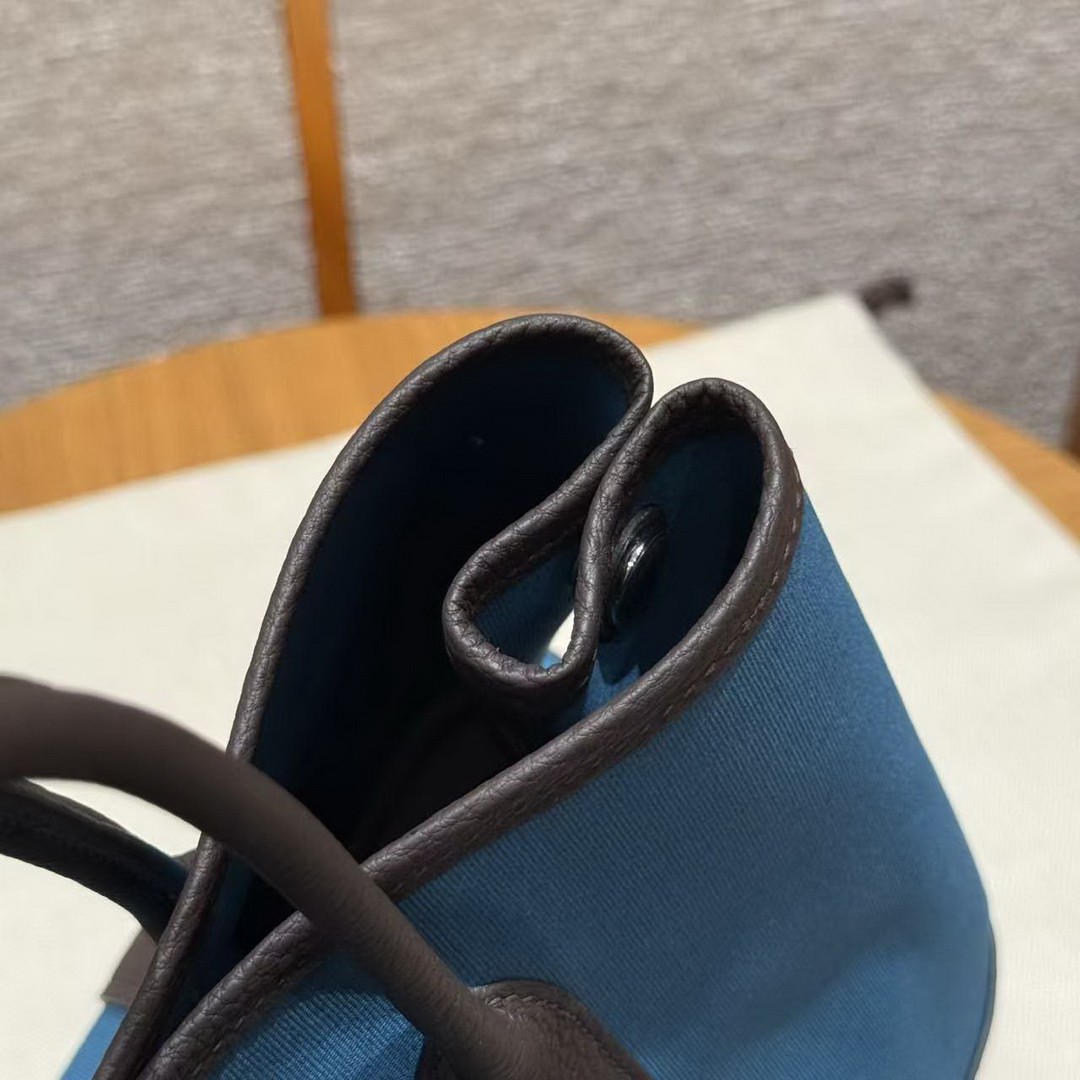 Hermes Garden Party 30 Bag Handmade In Negonda Calfskin Leather And Canvas Silver Hardware N7 Blue Tempete 46 Ebene - Image 3