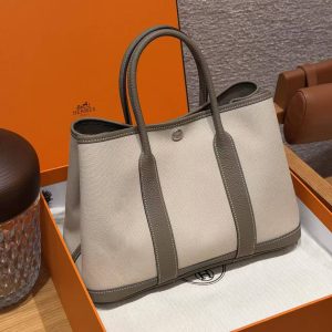 Hermes Garden Party 30 Bag Handmade In Negonda Calfskin Leather And Canvas Silver Hardware 8L Beton 18 Etoupe - Image 3