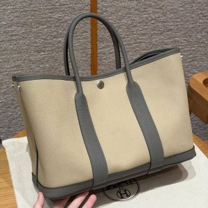 Hermes Garden Party 30 Bag Handmade In Negonda Calfskin Leather And Canvas Silver Hardware Trench Girs Meyer Bleu Tempete - Image 9