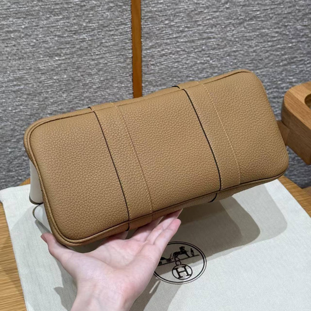 Hermes Garden Party 30 Bag Handmade In Negonda Calfskin Leather And Canvas Silver Hardware Ecru Biscuit Jaune Naples - Image 15