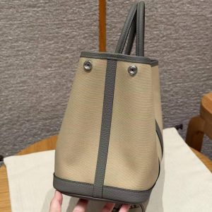 Hermes Garden Party 30 Bag Handmade In Negonda Calfskin Leather And Canvas Silver Hardware Trench Girs Meyer Bleu Tempete - Image 8