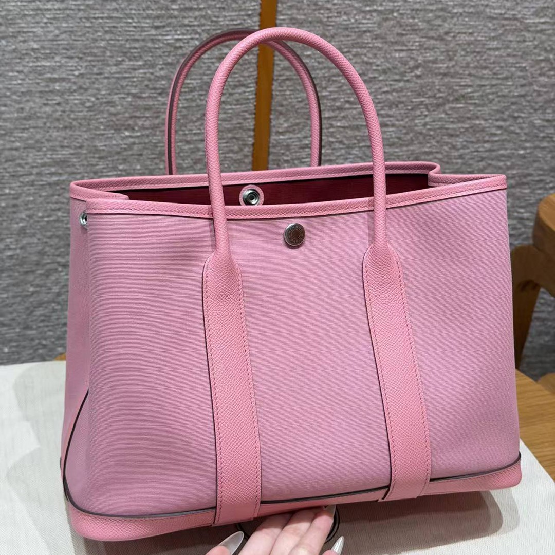 Hermes Garden Party 30 Bag Handmade In Negonda Calfskin Leather And Canvas Silver Hardware L4 Bubble Gum 1Q Rose Confetti B5 Ruby - Image 9