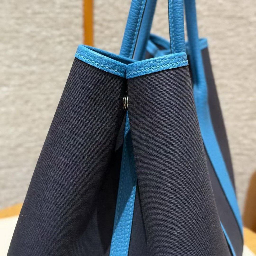 Hermes Garden Party 36 Bag Handmade In Negonda Calfskin Leather And Canvas Silver Hardware 78 Bleu Marine 7W Blue Lzmir - Image 9