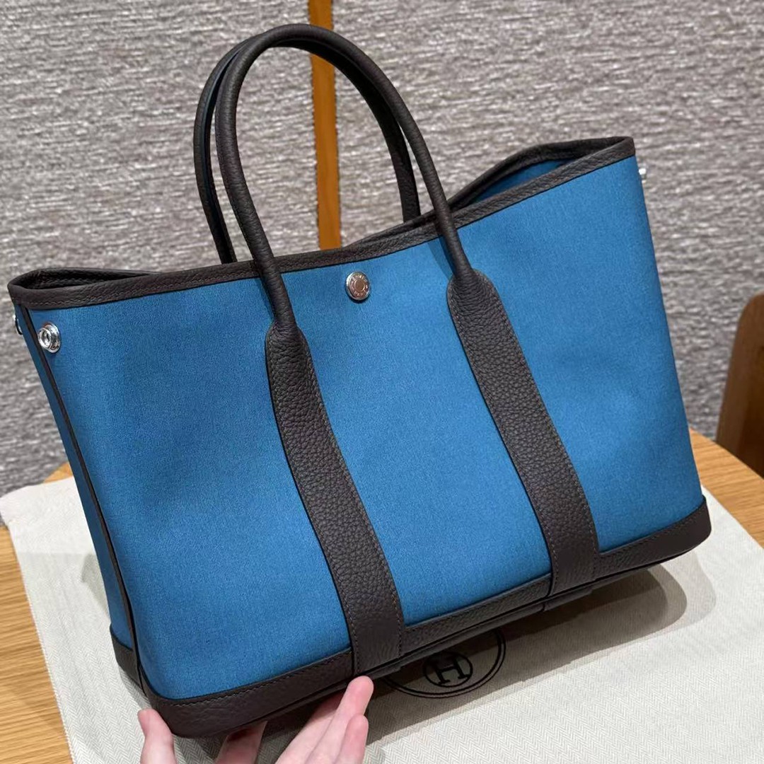 Hermes Garden Party 30 Bag Handmade In Negonda Calfskin Leather And Canvas Silver Hardware N7 Blue Tempete 46 Ebene - Image 8