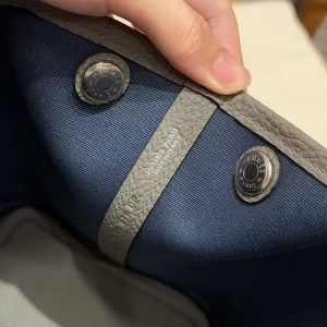 Hermes Garden Party 30 Bag Handmade In Negonda Calfskin Leather And Canvas Silver Hardware Trench Girs Meyer Bleu Tempete - Image 13