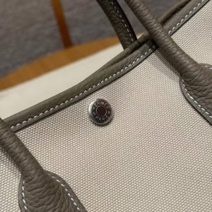Hermes Garden Party 30 Bag Handmade In Negonda Calfskin Leather And Canvas Silver Hardware 8L Beton 18 Etoupe - Image 12