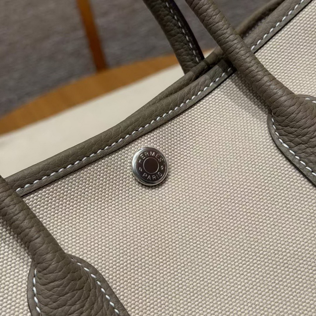 Hermes Garden Party 30 Bag Handmade In Negonda Calfskin Leather And Canvas Silver Hardware 8L Beton 18 Etoupe - Image 12