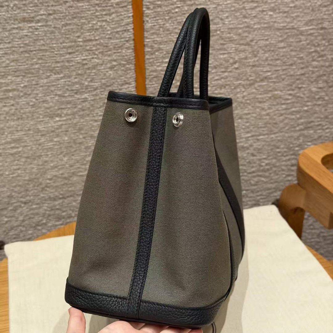 Hermes Garden Party 30 Bag Handmade In Negonda Calfskin Leather And Canvas Silver Hardware C6 Vert Girs 89 Noir - Image 7