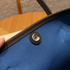 Hermes Garden Party 30 Bag Handmade In Negonda Calfskin Leather And Canvas Silver Hardware 3G Alezan 46 Ebene T7 Blue Hydra - Image 11