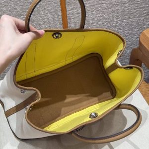 Hermes Garden Party 30 Bag Handmade In Negonda Calfskin Leather And Canvas Silver Hardware Ecru Biscuit Jaune Naples - Image 14