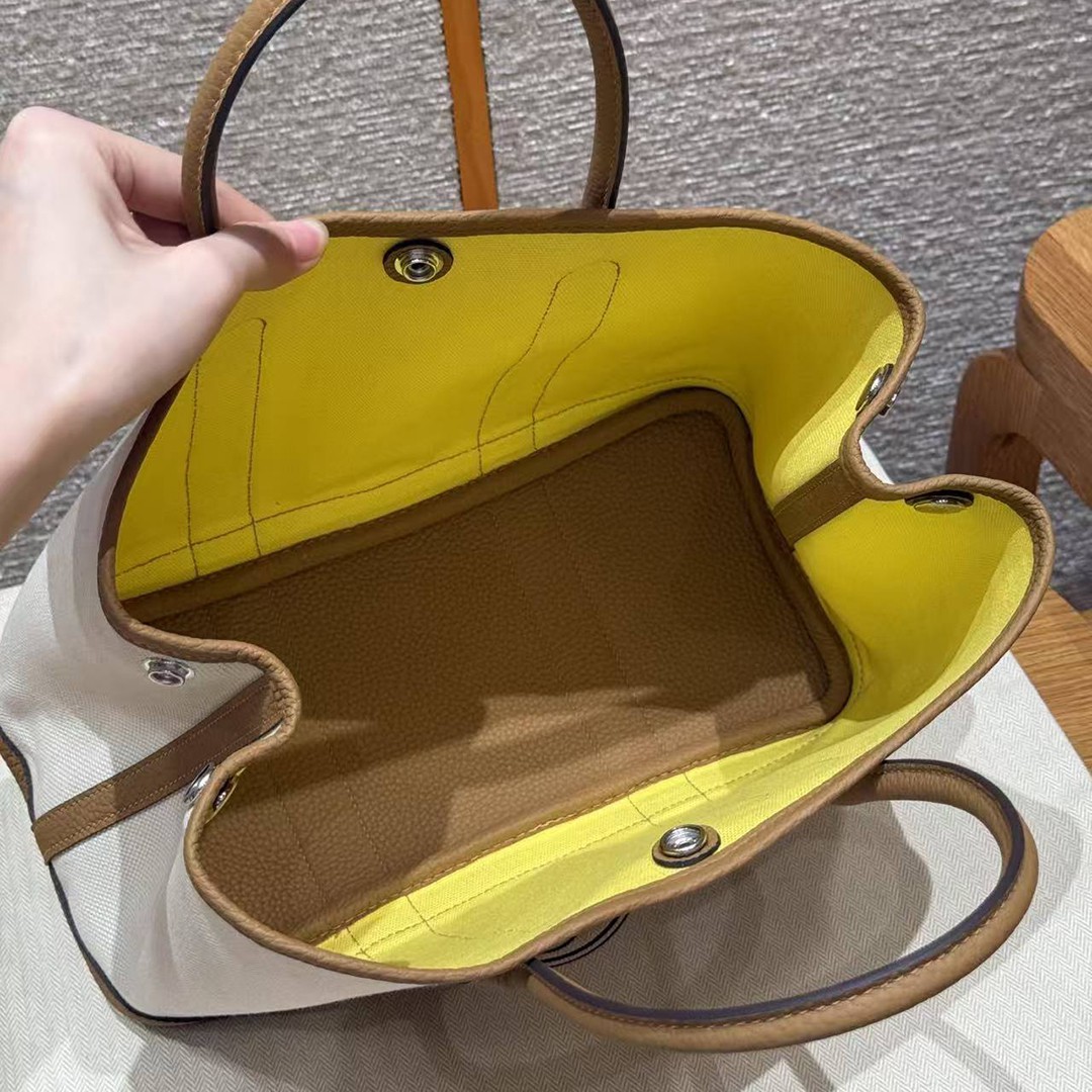 Hermes Garden Party 30 Bag Handmade In Negonda Calfskin Leather And Canvas Silver Hardware Ecru Biscuit Jaune Naples - Image 14