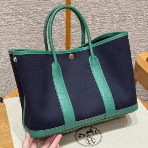 Hermes Garden Party 30 Bag Handmade In Negonda Calfskin Leather And Canvas Silver Hardware 78 Blue Marine U4 Very Vertigo - Image 8