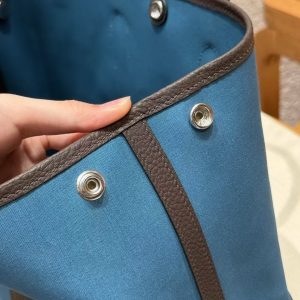 Hermes Garden Party 30 Bag Handmade In Negonda Calfskin Leather And Canvas Silver Hardware N7 Blue Tempete 46 Ebene - Image 4