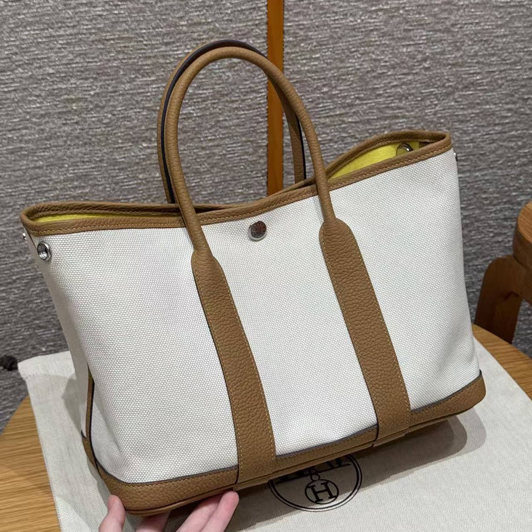 Hermes Garden Party 30 Bag Handmade In Negonda Calfskin Leather And Canvas Silver Hardware Ecru Biscuit Jaune Naples - Image 9