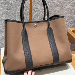 Hermes Garden Party 36 Bag Handmade In Negonda Calfskin Leather And Canvas Silver Hardware 3G Alezan 46 Ebene T7 Blue Hydra
