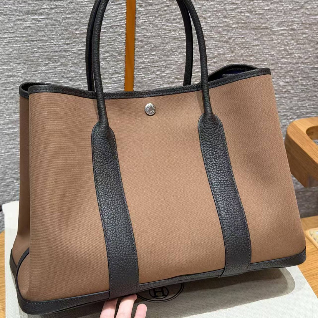 Hermes Garden Party 36 Bag Handmade In Negonda Calfskin Leather And Canvas Silver Hardware 3G Alezan 46 Ebene T7 Blue Hydra