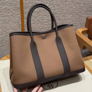 Hermes Garden Party 30 Bag Handmade In Negonda Calfskin Leather And Canvas Silver Hardware 3G Alezan 46 Ebene T7 Blue Hydra
