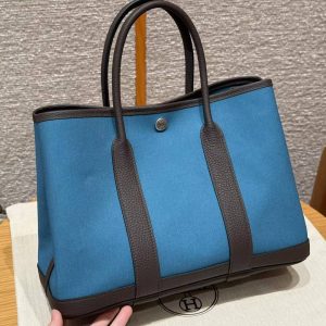 Hermes Garden Party 30 Bag Handmade In Negonda Calfskin Leather And Canvas Silver Hardware N7 Blue Tempete 46 Ebene