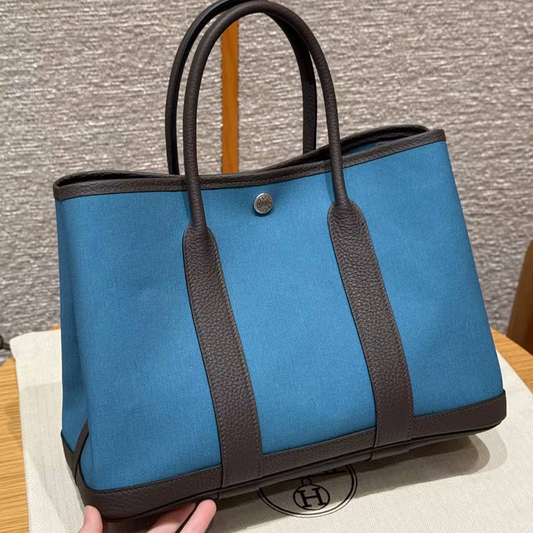 Hermes Garden Party 30 Bag Handmade In Negonda Calfskin Leather And Canvas Silver Hardware N7 Blue Tempete 46 Ebene