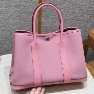 Hermes Garden Party 30 Bag Handmade In Negonda Calfskin Leather And Canvas Silver Hardware L4 Bubble Gum 1Q Rose Confetti B5 Ruby