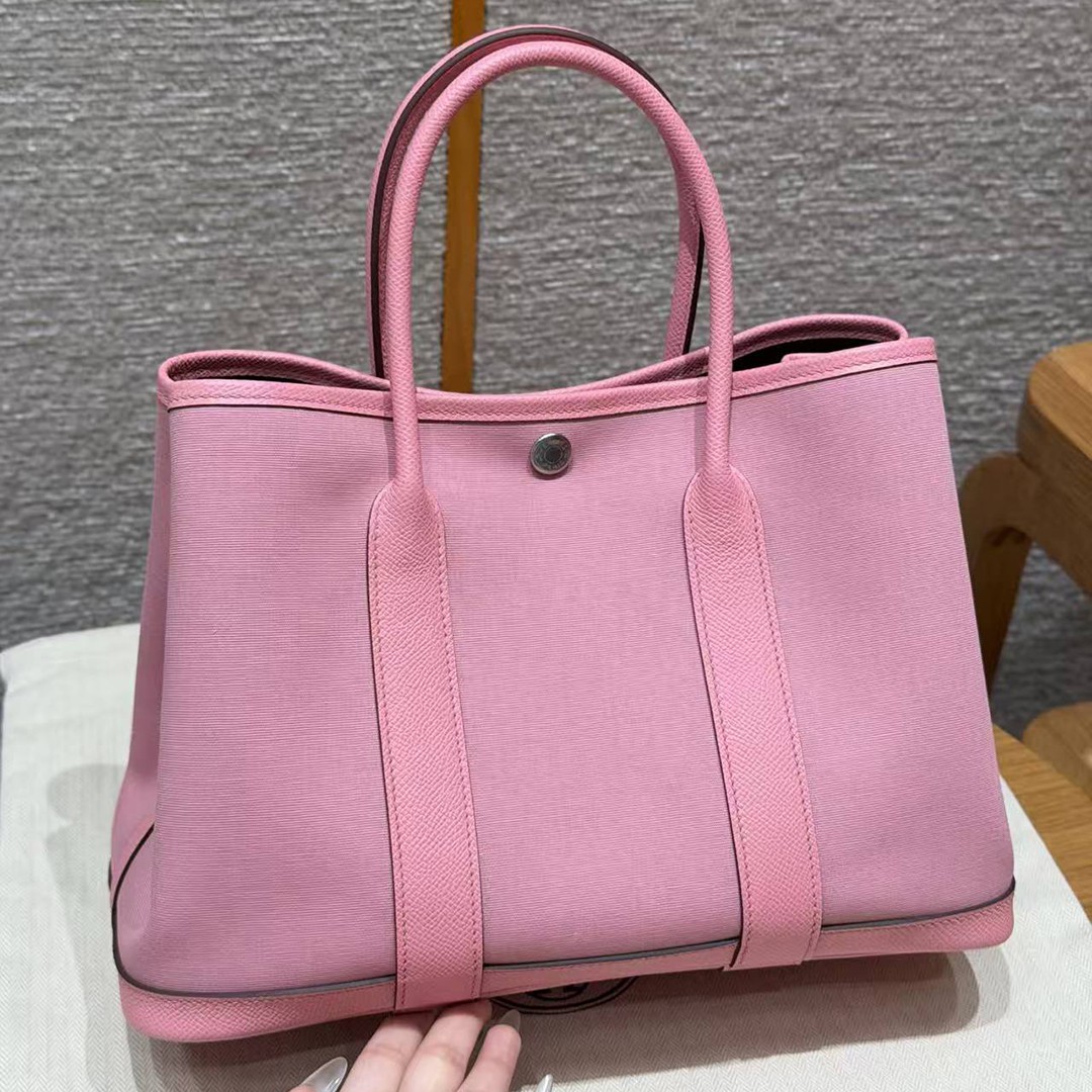 Hermes Garden Party 30 Bag Handmade In Negonda Calfskin Leather And Canvas Silver Hardware L4 Bubble Gum 1Q Rose Confetti B5 Ruby