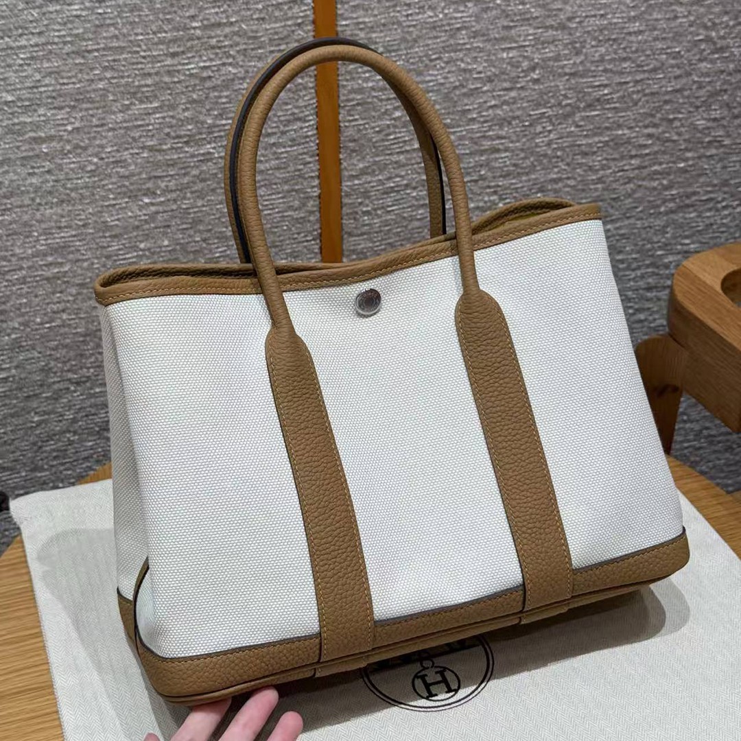 Hermes Garden Party 30 Bag Handmade In Negonda Calfskin Leather And Canvas Silver Hardware Ecru Biscuit Jaune Naples