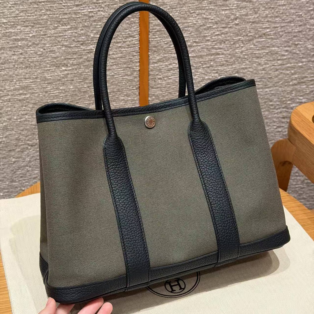 Hermes Garden Party 30 Bag Handmade In Negonda Calfskin Leather And Canvas Silver Hardware C6 Vert Girs 89 Noir