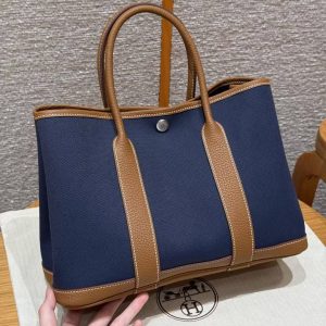 Hermes Garden Party 30 Bag Handmade In Negonda Calfskin Leather And Canvas Silver Hardware Blue Brighton Gold