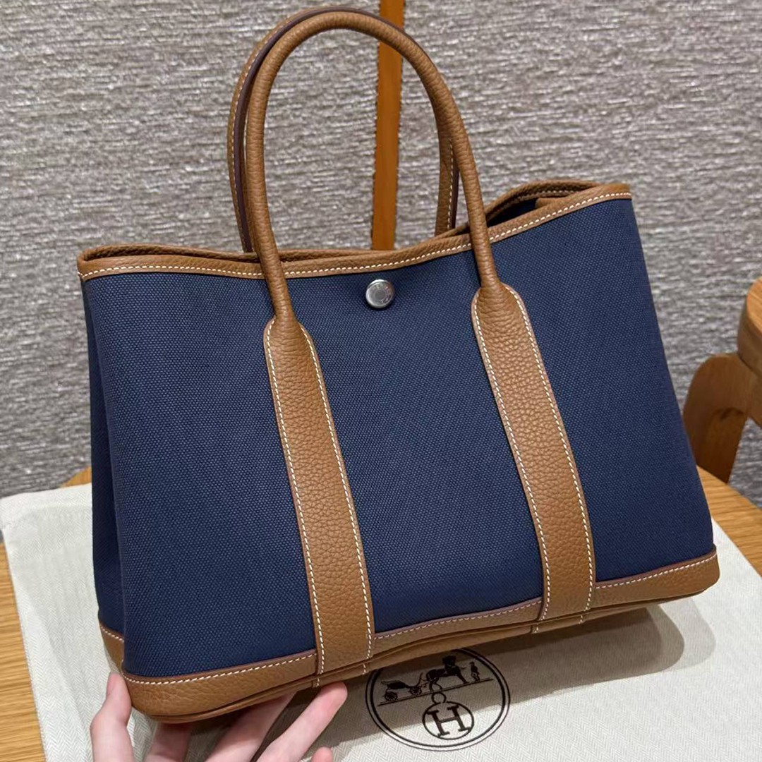 Hermes Garden Party 30 Bag Handmade In Negonda Calfskin Leather And Canvas Silver Hardware Blue Brighton Gold