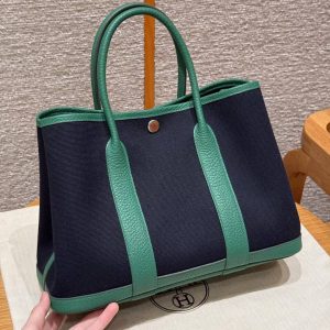 Hermes Garden Party 30 Bag Handmade In Negonda Calfskin Leather And Canvas Silver Hardware 78 Blue Marine U4 Very Vertigo