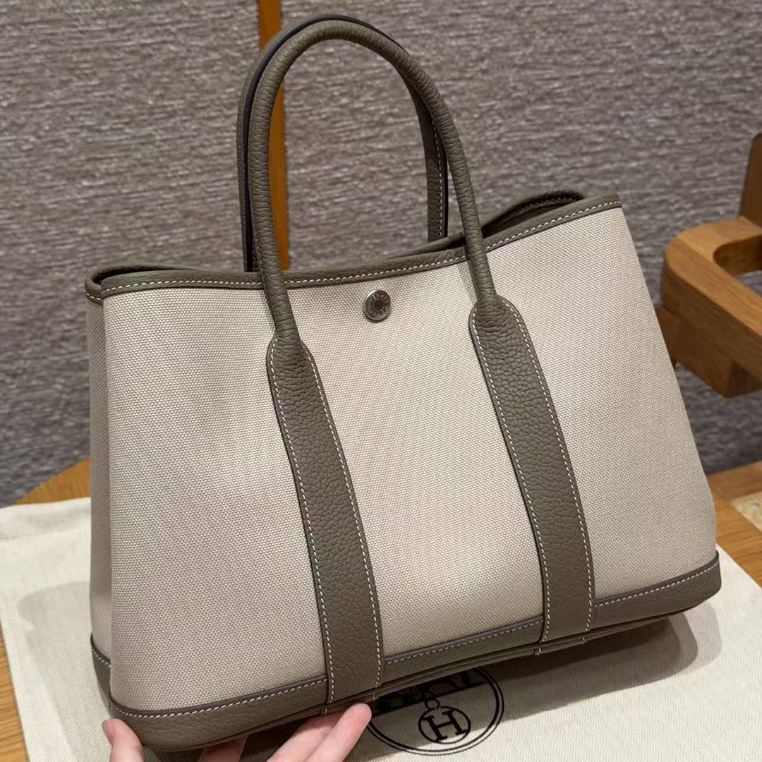 Hermes Garden Party 30 Bag Handmade In Negonda Calfskin Leather And Canvas Silver Hardware 8L Beton 18 Etoupe