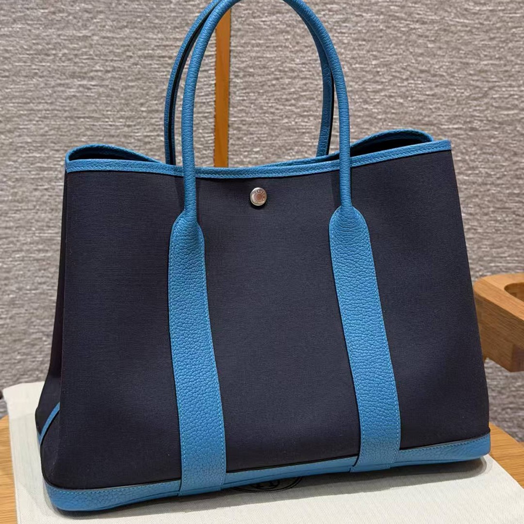 Hermes Garden Party 36 Bag Handmade In Negonda Calfskin Leather And Canvas Silver Hardware 78 Bleu Marine 7W Blue Lzmir