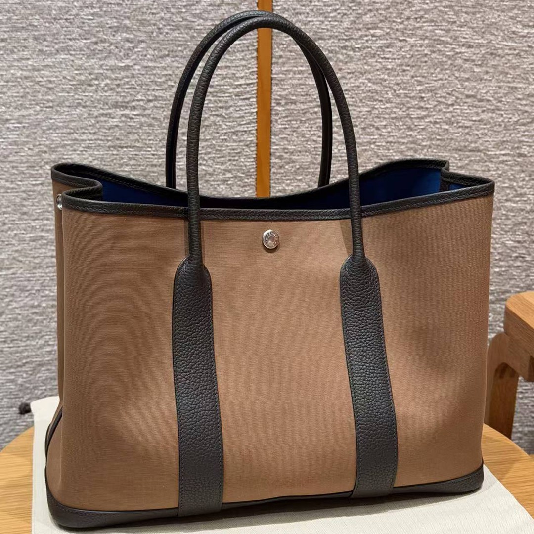 Hermes Garden Party 36 Bag Handmade In Negonda Calfskin Leather And Canvas Silver Hardware 3G Alezan 46 Ebene T7 Blue Hydra - Image 2