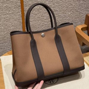 Hermes Garden Party 30 Bag Handmade In Negonda Calfskin Leather And Canvas Silver Hardware 3G Alezan 46 Ebene T7 Blue Hydra - Image 2