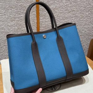 Hermes Garden Party 30 Bag Handmade In Negonda Calfskin Leather And Canvas Silver Hardware N7 Blue Tempete 46 Ebene - Image 16