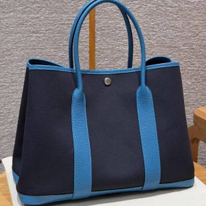 Hermes Garden Party 36 Bag Handmade In Negonda Calfskin Leather And Canvas Silver Hardware 78 Bleu Marine 7W Blue Lzmir - Image 2