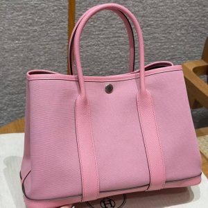 Hermes Garden Party 30 Bag Handmade In Negonda Calfskin Leather And Canvas Silver Hardware L4 Bubble Gum 1Q Rose Confetti B5 Ruby - Image 2