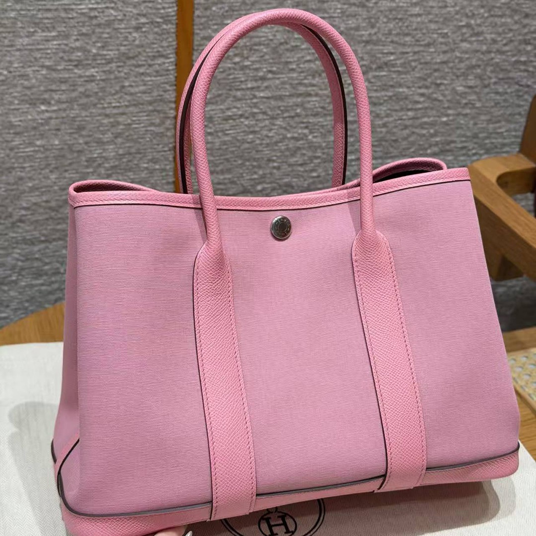 Hermes Garden Party 30 Bag Handmade In Negonda Calfskin Leather And Canvas Silver Hardware L4 Bubble Gum 1Q Rose Confetti B5 Ruby - Image 2