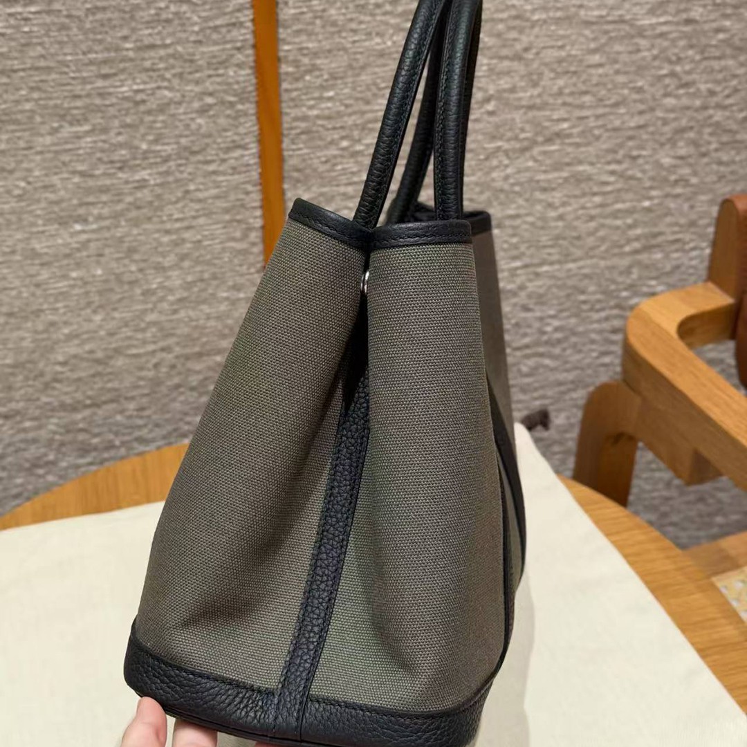 Hermes Garden Party 30 Bag Handmade In Negonda Calfskin Leather And Canvas Silver Hardware C6 Vert Girs 89 Noir - Image 2